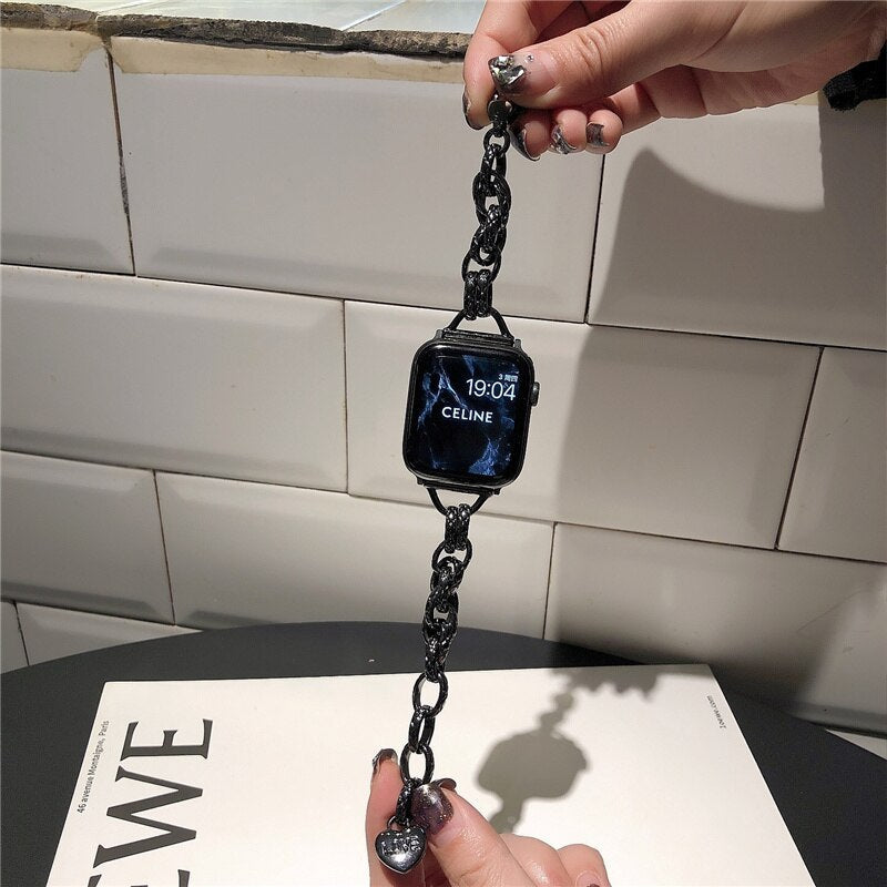 New Couple Metal Single Row Chain Strap For Apple Watch 41mm 45 38 42 44 40 mm Girl Fashion Metal Strap For iWatch 7 6 5 SE 4 3