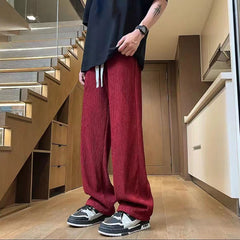 Hearujoy Texture Ice Silk Quick Drying Casual Pants Men Drawstring Loose Straight Leg Trousers Summer Fashion Sport Pant Streetwear