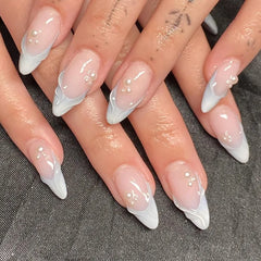 YICKYUE  -  24pcs Almond Nails Blue White French False Nails Sparkling Dreamy Artificial Nails Press Ons with Starfish Pearl Full Cover Nail