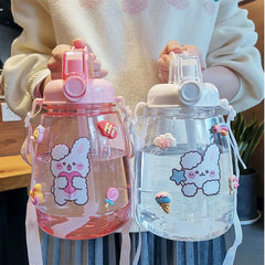 1300ml Kawaii Bear Big Capacity Water Bottle With Straw Strap Sticker Plastic Portable Sport Drink Bottles For Children Girl