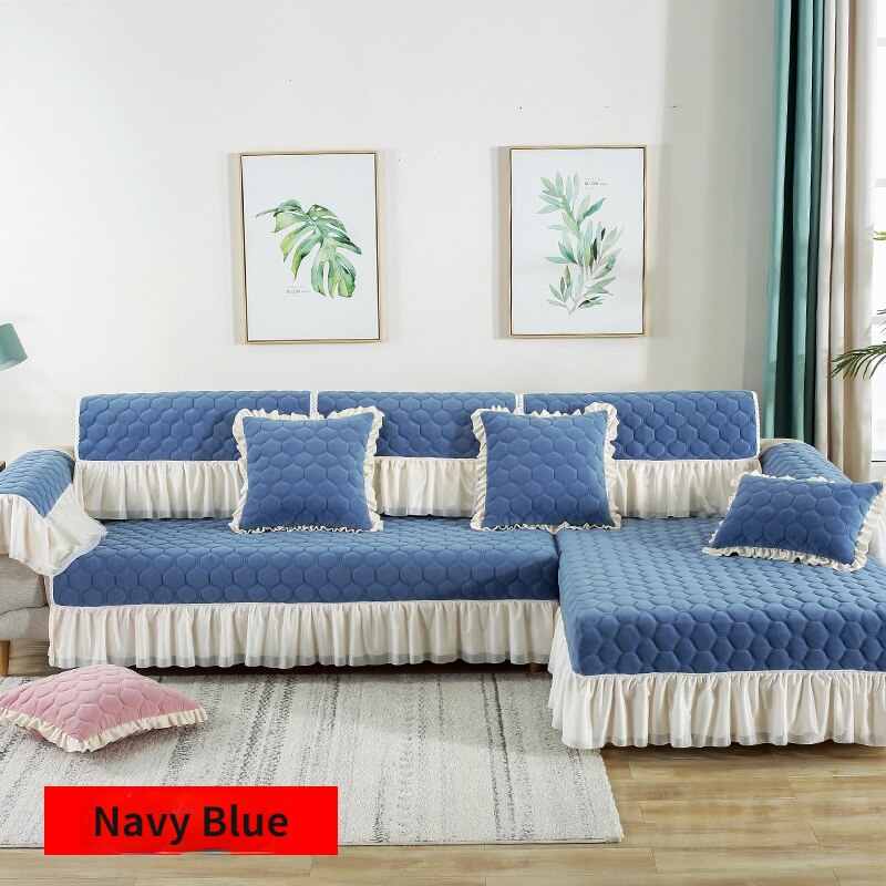Yickyue Pink Plush Sectional Sofa Covers with Lace Winter Warm Slipcover Anti Slip Couch Cover for L/U Shape Sofa Protector Home Decor