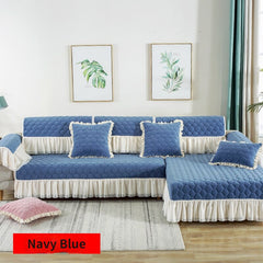 Yickyue Pink Plush Sectional Sofa Covers with Lace Winter Warm Slipcover Anti Slip Couch Cover for L/U Shape Sofa Protector Home Decor