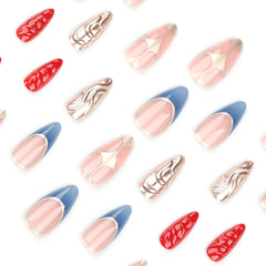 YICKYUE  -  24pcs Heavy Metal Press on Nails 3D Red Gold Wave Design Y2k Almond False Nails Patch Ins Punk Style Fake Nails Tips for Girls