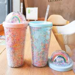550ML Kawaii Creative Rainbow Plastic Water Cup  Large Capacity Ladies Straw Cup Double Color Bead Smooth Drink CupDrink Cup