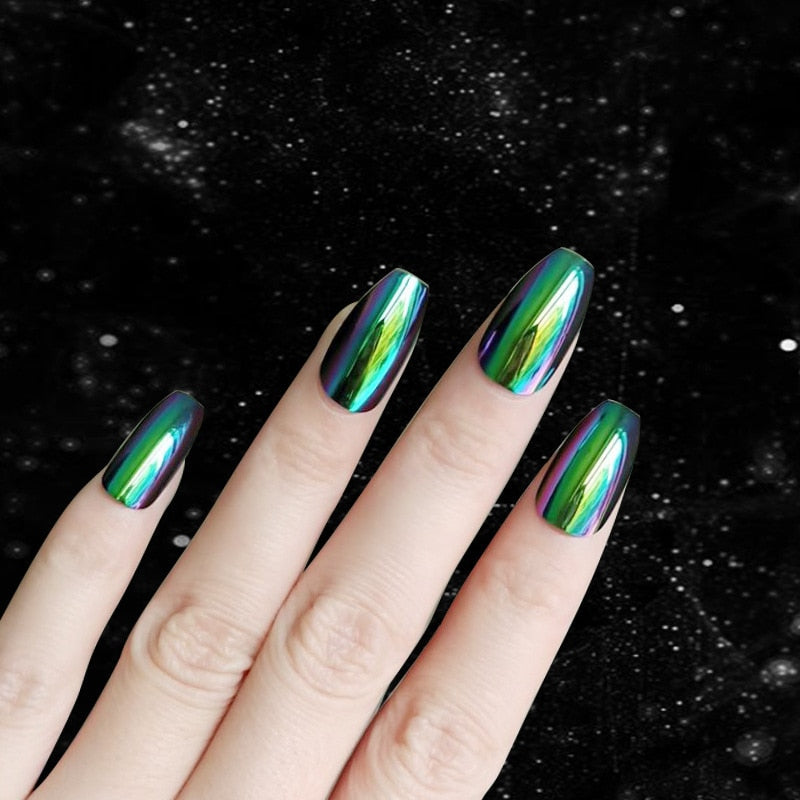 Yickyue 24pcs Long Ballet Fake Nails Magical Mermaid Pearl Press On Nails Green Brown Mirror Gradient Removable Nail Extension Manicure