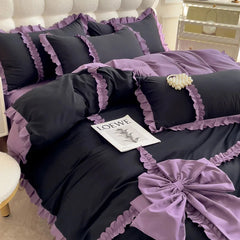 YICKYUE  -  Korean Princess Style Lace Ruffles With Bow Decoration Bedding Set Black/Purple Duvet Cover Set Bed Sheet Bed Skirt Pillowcases