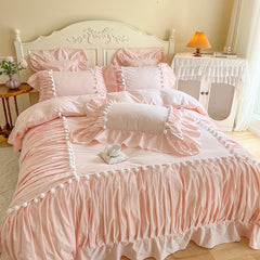 Yickyue Korean Princess Style 100% Cotton Bedding Set Single Queen King Pleat Ruffles White Ball Duvet Cover Set Bed Sheet Pillowcases