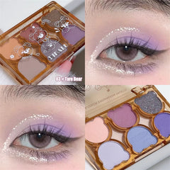 YICKYUE  -  Cartoon Bears Pearlescent Glitter Eyeshadow Palette Matte Velvet Shimmer Smoky Red Eye Shadow Waterproof Korean Contour Makeup
