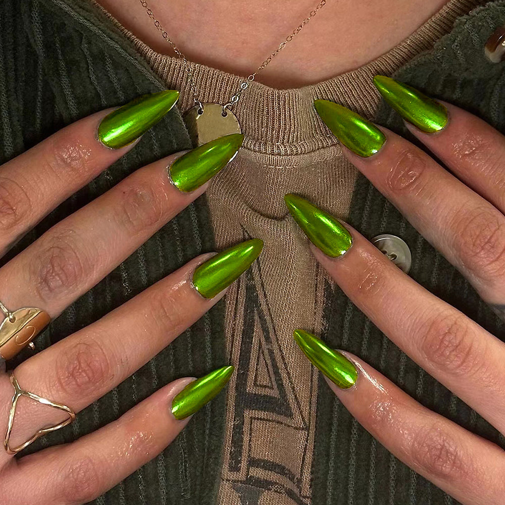 YICKYUE  -  Pure green almond nail metal feeling fake nail nail patch press nail wear nail for women girls students pregnant women 24pcs/set