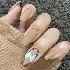 24 Pcs Autumn Khaki Plaid Acrylic Ballet Fake Nails With Glue Korean Cute Press On False Nail Tips Tools For Manicure Decoration