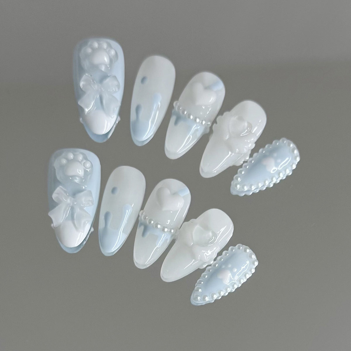 YICKYUE  -  Handmade Press on Nails with Cute Bear Paw Design Light Blue Fake Nails Full Cover Wearable Sweet Korean Almond False Nail Tips