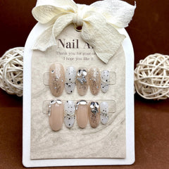 YICKYUE -  Polka Dot Swoosh Style Handmade Wearable Fake Nail Almond Long Nail Look White High Grade Feeling Girl Nail Stickers Decoration