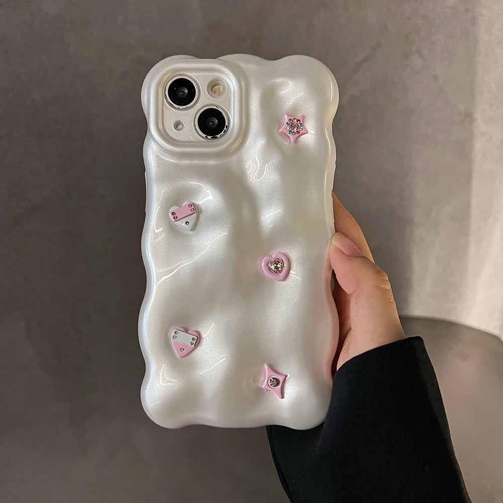 YICKYUE  -  3D Love Heart Diamond Bubble Wave Pattern Phone Case For iPhone 16 15 14 13 12 11 Pro Max Soft Shockproof Back Cover