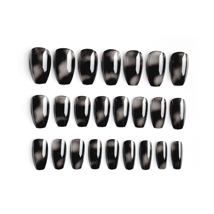 24pcs Stiletto Press on False Nails Transparent Black Glazed Ballerina Wearable Full Cover Acrylic Finished Fake Nails