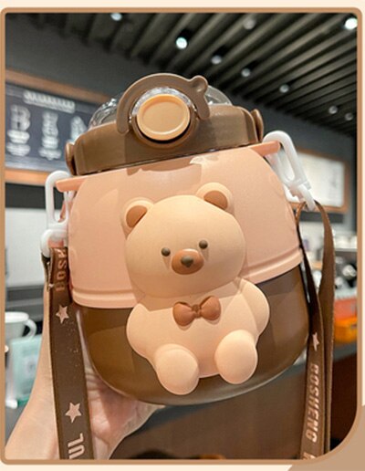 Yickyue Cute Bear Stainless Steel Thermos Water Bottle With Straw For Kids School Vacuum Thermal Insulation Cup Large Capacity Kettle