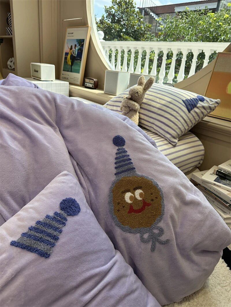Yickyue Winter Funny Milk Velvet Towel Embroidered Bedding Set Purple Magic Hat Duvet Cover Set  Thick Comfortable Flannel Comforters