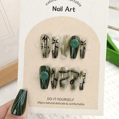 YICKYUE  -  Bamboo Shadow Snake Jade Handmade Press on Nails Wearing Armor, Chinese Style Gradient Dyeing, Dark Green Nail Art  Fake Nail