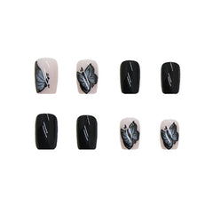 Press On Nails Square 24PCS Short Acrylic Nails Black Butterfly Design Sweet Style Full Coverage Nails Free Shipping Fake Nails