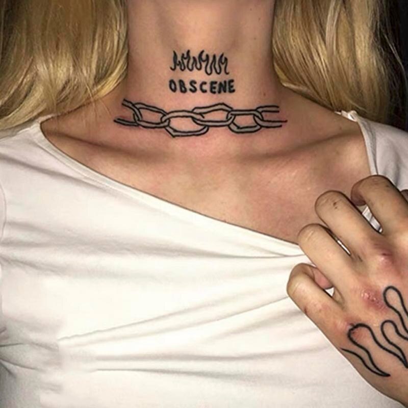 Waterproof Temporary Tattoo Sticker Black Neck Letter Chain Flame Tattoo Flash Tattoo Neck Female Male