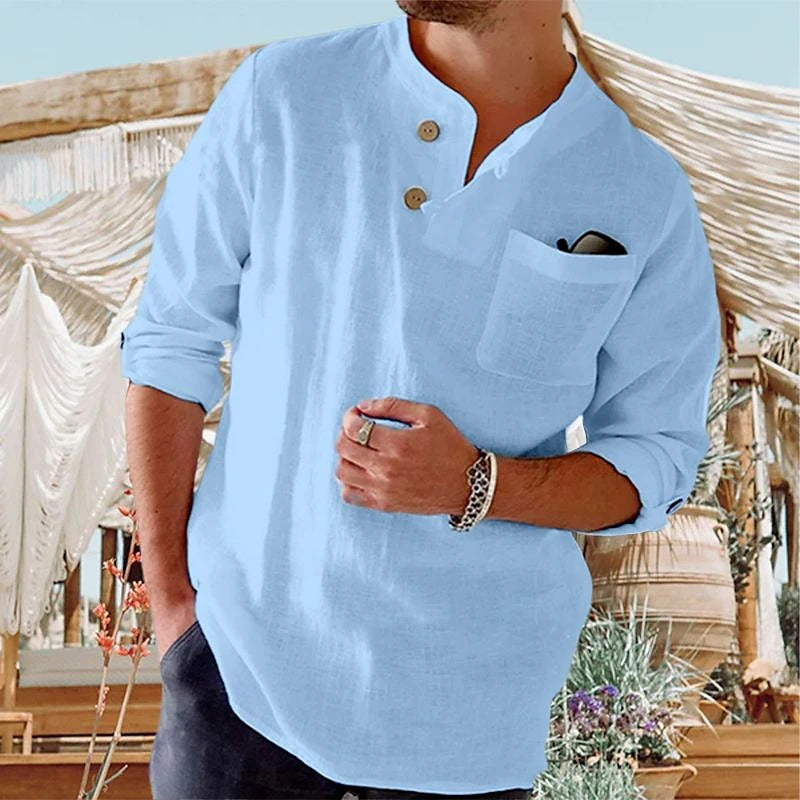 Hearujoy Retro Shirts Mens 100% Cotton Linen Long Sleeve Stand Collar Casual Loose Button Pullover Spring Summer Fashion Vintage Top Male