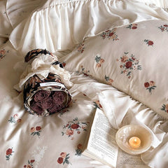 Yickyue 100% Cotton French Romantic Lace Ruffles Vintage Rose Flower Bedding Set Queen King Duvet Cover Flat/Fitted Bed Sheet Pillowcase