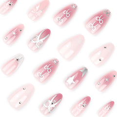 YICKYUE  -  24pcs Sliver Star Printed Press on Nails Pink White Y2k Almond False Nails Patch Ins Fashion Sweet Girl Fake Nails Tips Wearable