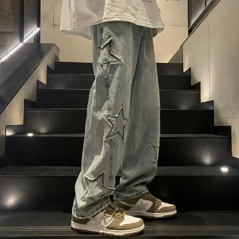 Hearujoy  90s Streetwear Y2k streetwear men baggy jean American high street trend star patch straight loose versatile wide-leg pant for mopping the floor