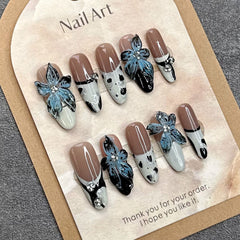 YICKYUE  -  10pcs Handmade Press on Nails Ins Hand Painted Blue Flowers False Nail Wearable Full Cover Long Oval French Fake Nail Tips