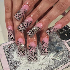 Yickyue  Brown Leopard Gradient French Nail Art Red Bowknot Pearl Fake Nails Detachable Finished False Nails Press on Nails with Glue