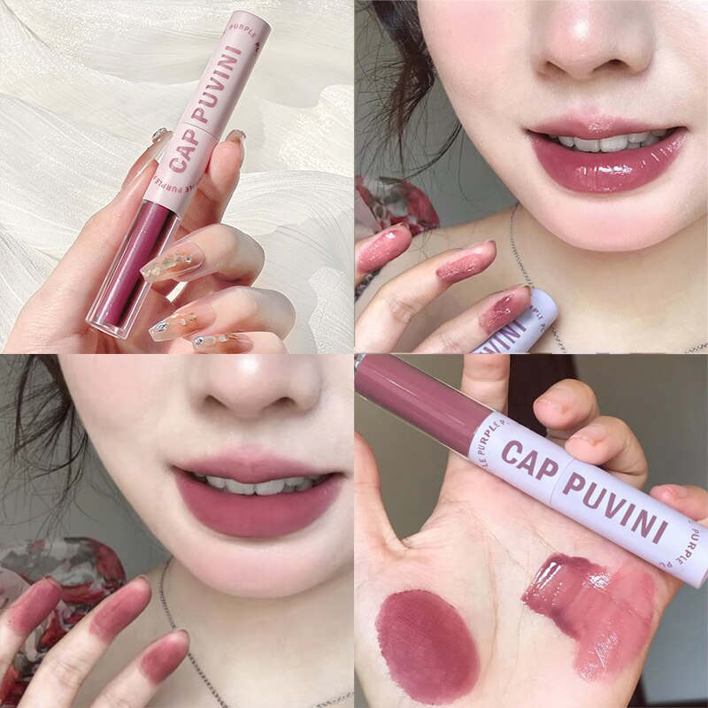 Yickyue Double Head Purple Lipstick Velvet Lip Gloss Mirror Liquid Lip Tint Pigment Long Lasting Easy To Color Girl Gift Makeup Cosmetic