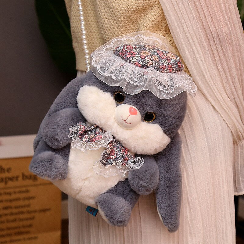 Lovely Rabbit & Penguin Plush Backpack Kawaii Animal Messenger Bag Pearl Chain Stuffed Soft Pillow for Girls Xmas Valentine's