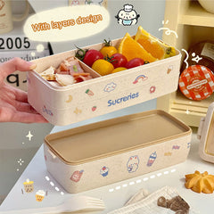1000ml Cute Wheat Straw Lunch Box With Sticker For Kids School Adults Office Microwave Picnic Portable Bento Box With Spoon Fork