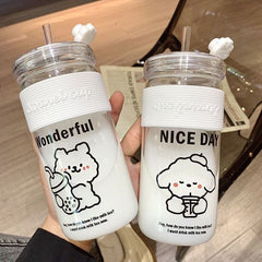 Yickyue 400ml Kawaii Bear Glass Cup With Straw Cute Bear Leak Proof Milk Tea Coffee Water Bottles Transparent Glass Office Cups BPA Free