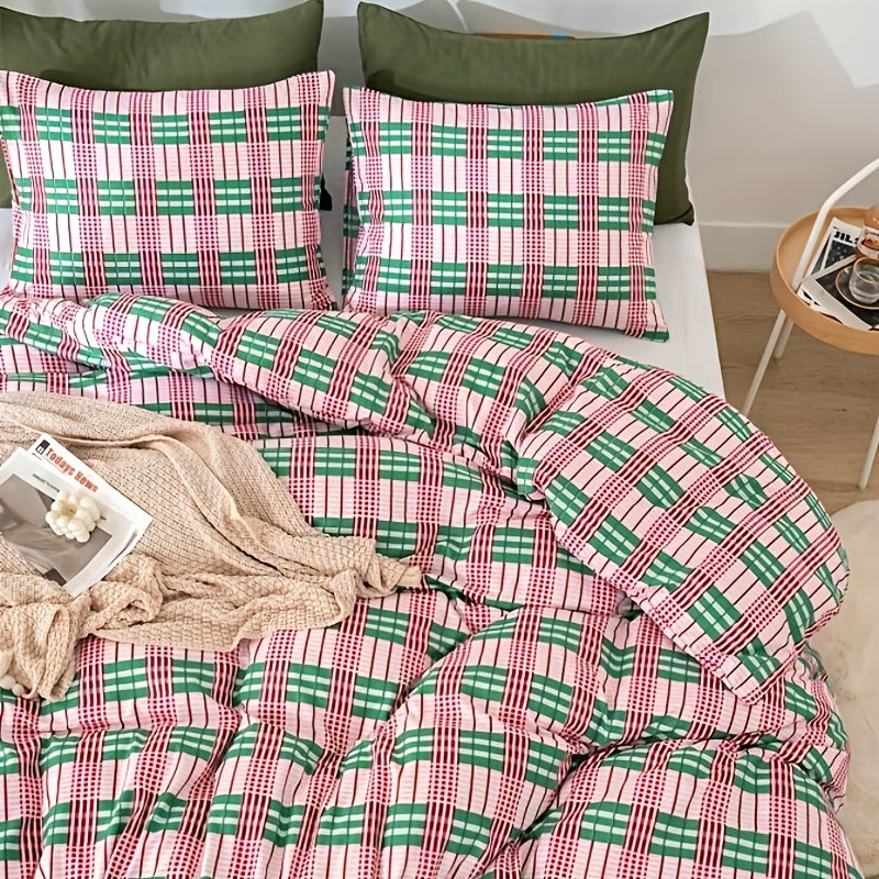 YICKYUE  -  Pink Gingham Grid Duvet Cover Set Twin Plaid Boho Comforter Cover Blue Yellow and 2 Standard Pillow Cases Soft Lightweight Breathable Bedding Set for Women Girls
