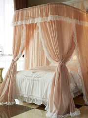 YICKYUE -  Nostalgia Linen Princess Bed Valance Bed Curtain U- Shape Rail Three Doors Mosquito Net Double Bed Mantle Bedroom Decoration