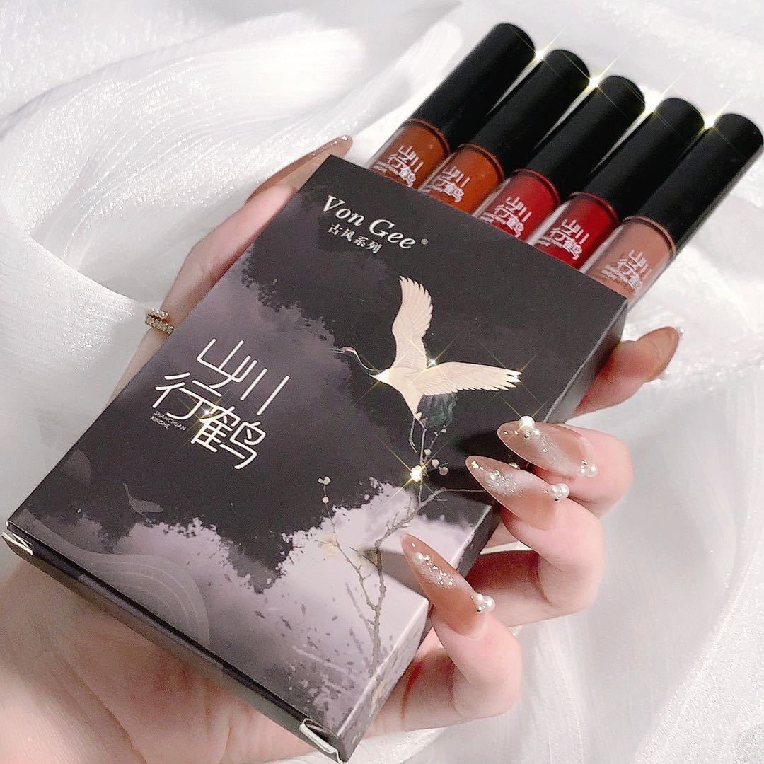 5 PCS Chinese Style Lip Glaze Set Student Matte Velvet Beginner Show White Cigarette Case Lipstick