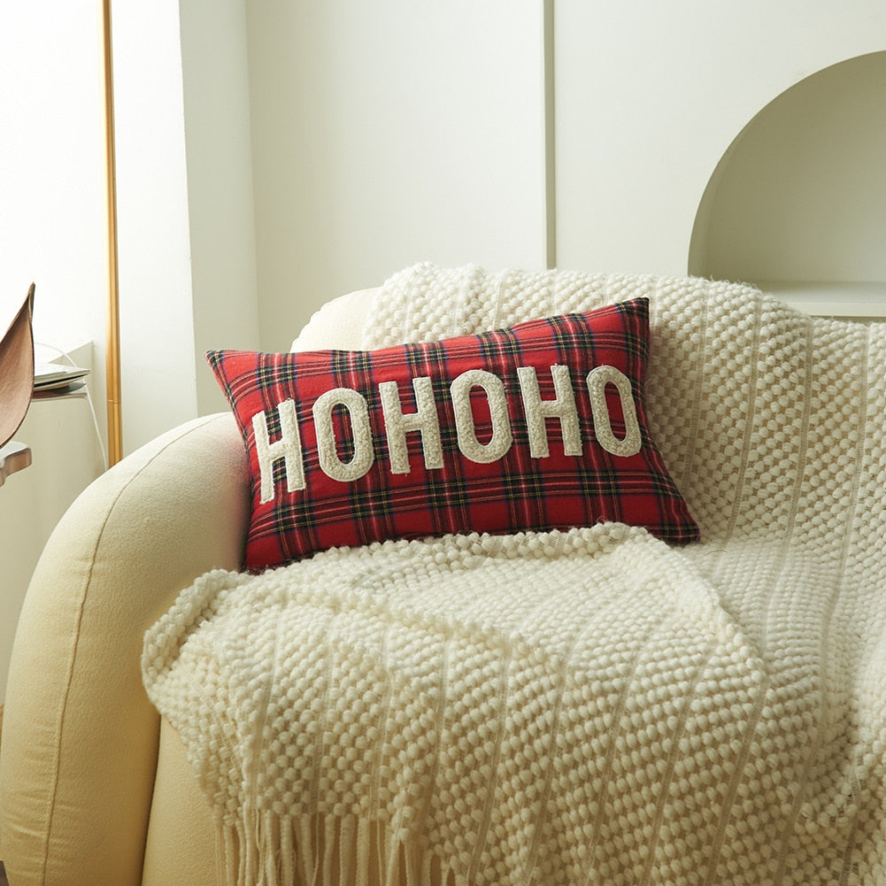Yickyue  New Christmas Decoration Cushion Cover Plaid Print Letter Embroidery Pillow Case Christmas Decorative Pillows for Sofa
