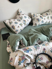 YICKYUE  -  Korean Style Ins Retro Fresh Floral Washed Cotton Bed Four Piece Duvet Set, Student Dormitory Bed Sheet Three Piece Set