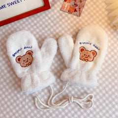 Girls Plush Gloves Winter Warmer Embroidered Bear Student Gloves Cute Plus Velvet Cycling Hanging Neck Gloves