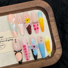 YICKYUE  -  10pcs Handmade Press on Nails INS 3d Carved Flowers False Nails Wearable Detachable Full Cover Leopard Print False Nail Tips