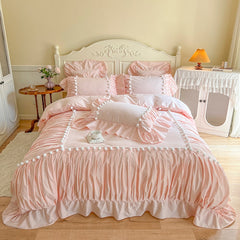 Yickyue Korean Princess Style 100% Cotton Bedding Set Single Queen King Pleat Ruffles White Ball Duvet Cover Set Bed Sheet Pillowcases