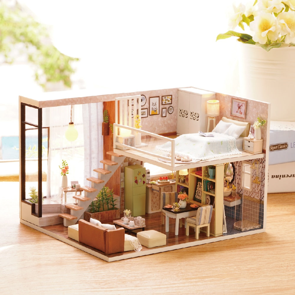 CUTE ROOM DIY Doll House Miniatures With 5 Led Furnitures 3D Dollhouse Wooden Miniaturas Toys For Children Gifts Waiting Time