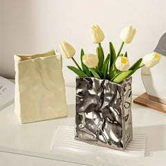 Yickyue 1 Large Capacity Pleated Paper Bag Shaped Ceramic Vase for Flower Arrangement and Home Decoration - Perfect for Wedding, Bedroom
