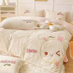 Yickyue Cute Bed Linens Set Winter Thickened Warm Plush Duvet Cover Sheet Pillowcase 4pcs Luxury Bedding Set Kid Christmas New Year Gift
