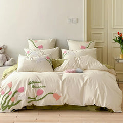 Yickyue Romantic three-dimensional towel embroidery Carnation 100 Cotton 4 Pcs cotton Duvet cover girls' bedding wholesale