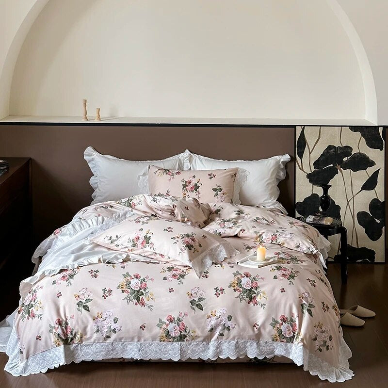 Yickyue Vintage French Romantic white lace Duvet Cover Set 100% Cotton Princess Bedding Set Flowers Quilt Cover Bed Sheet Pillowcases