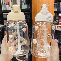 1200ml Kawaii Jumbo Water Bottle With 3D Sticker Straw For Children Adults Plastic Sport Shaker Cute Juice Drink Bottle BPA Free
