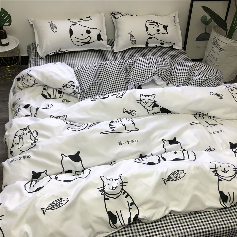 Yickyue Ins cartoon student dormitory three piece set 1.5 four piece set cute kitty bedding home decoration sheet. bedspreads queen
