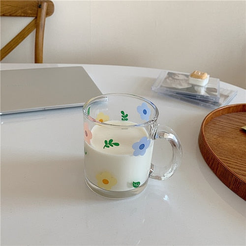 Korean Style Fresh and Lovely Flower Glass Bowl Breakfast Cereal Salad Bowl Glass Cup Heat Resistant Flower Plate