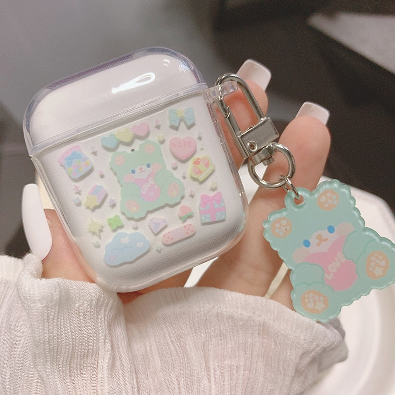 Green bear with pendant bears soft silicone clear cute earphone case for apple airpods pro 3 1 2 cartoon wireless bluetooth box